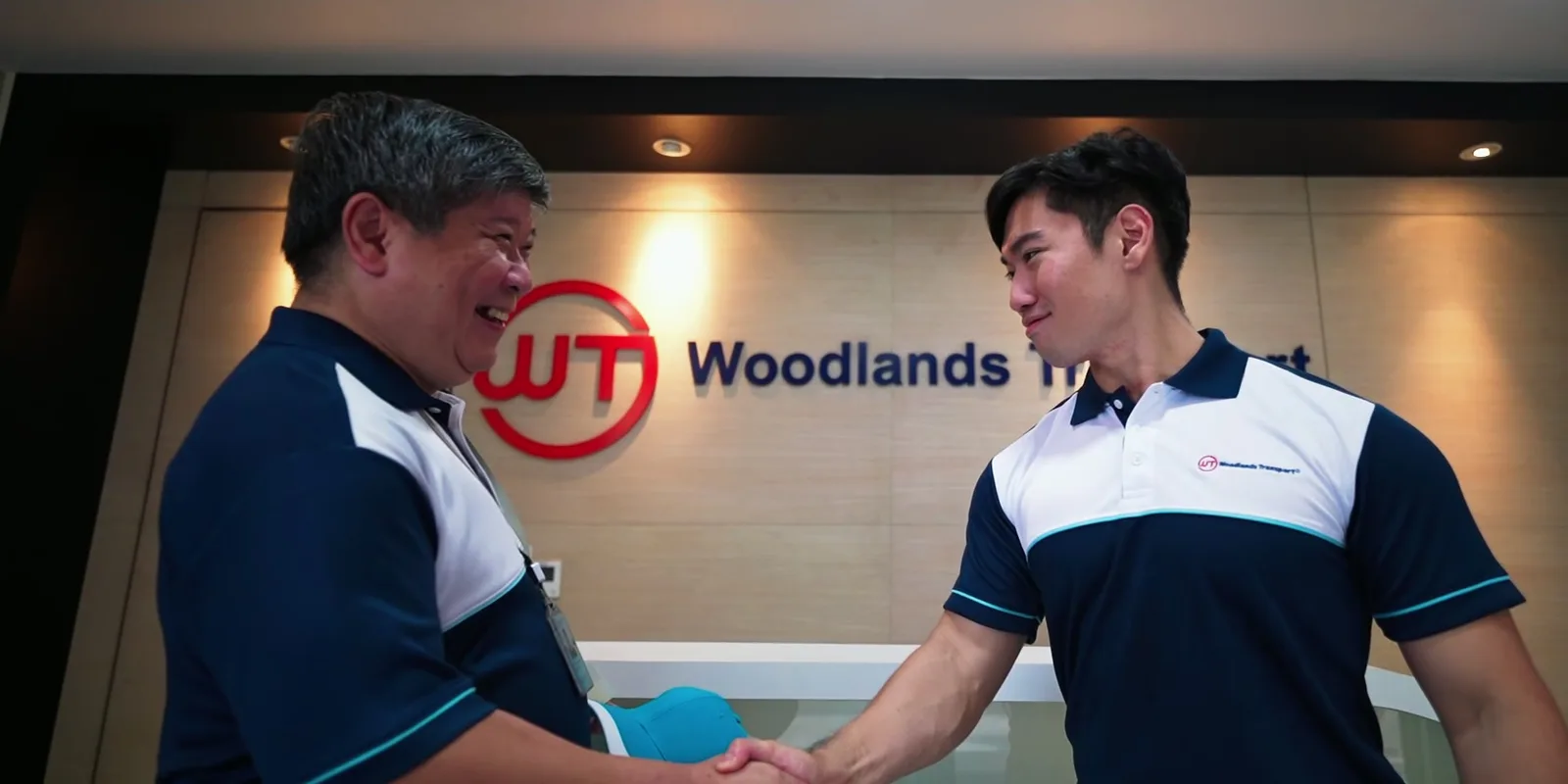 Two Woodlands colleagues shaking hands at the company reception