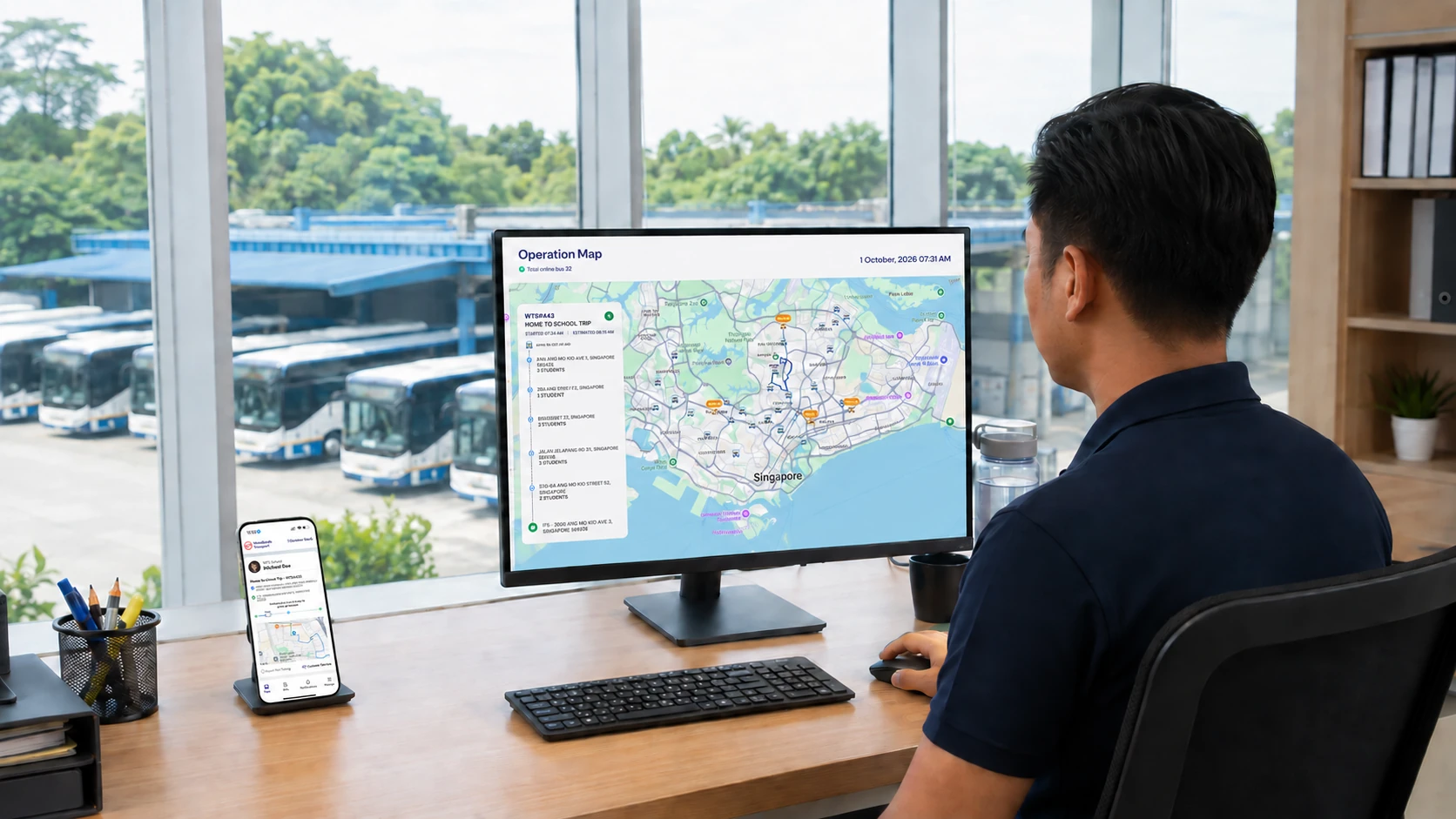Concept of a Plotigo workspace with fleet-management screens and a passenger app